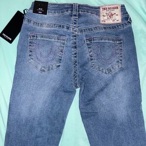 True Religion Women's Straight Leg Jeans in Blue with Purple Stitching